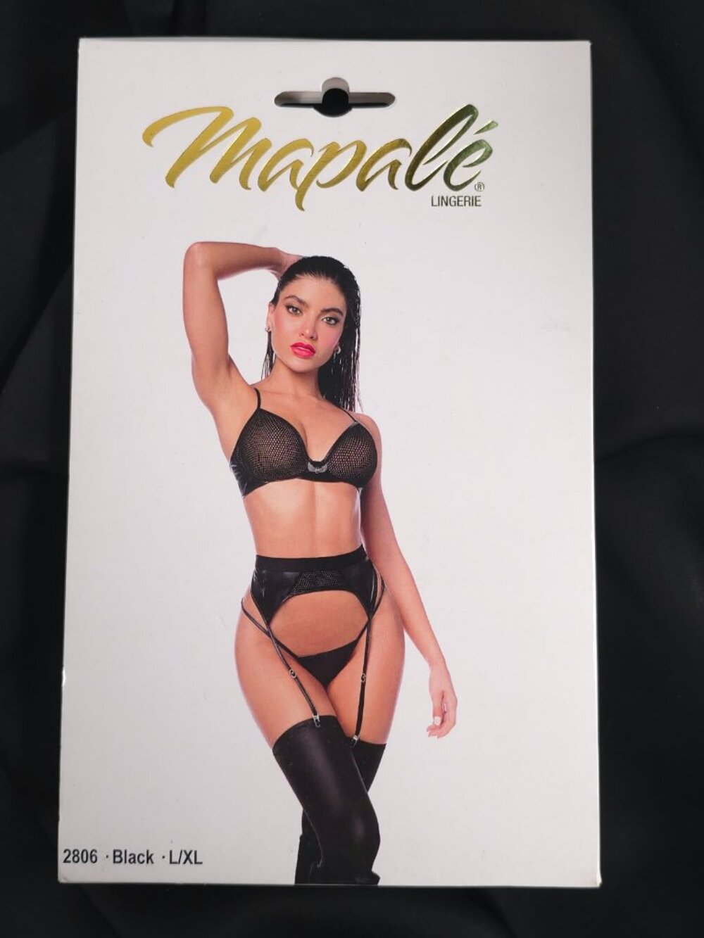 Mapalé Black Mesh 3 Piece Lingerie Set Top Panty Garter Belt L/XL 2806